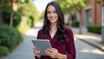 Confident Young Woman Holding Tablet in Urban Environment, Perfect for Business Media and Social Network Usage