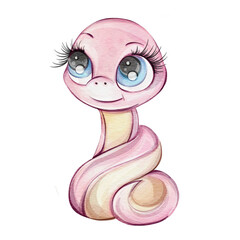 An Adorable and Cute Cartoon Snake Character Featuring Big Eyes, Long Lashes, and a Playful Smile. For nursery, kids design
