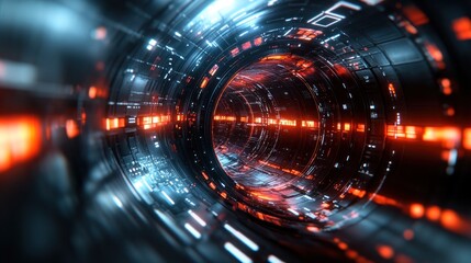 Obraz premium Futuristic tunnel with glowing lights and digital patterns.