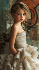 Fototapeta premium Elegant portrait of a girl in an artistic dress, perfect for wall art, posters, and children's fashion advertisements, capturing beauty and creativity in a soft, vintage atmosphere.