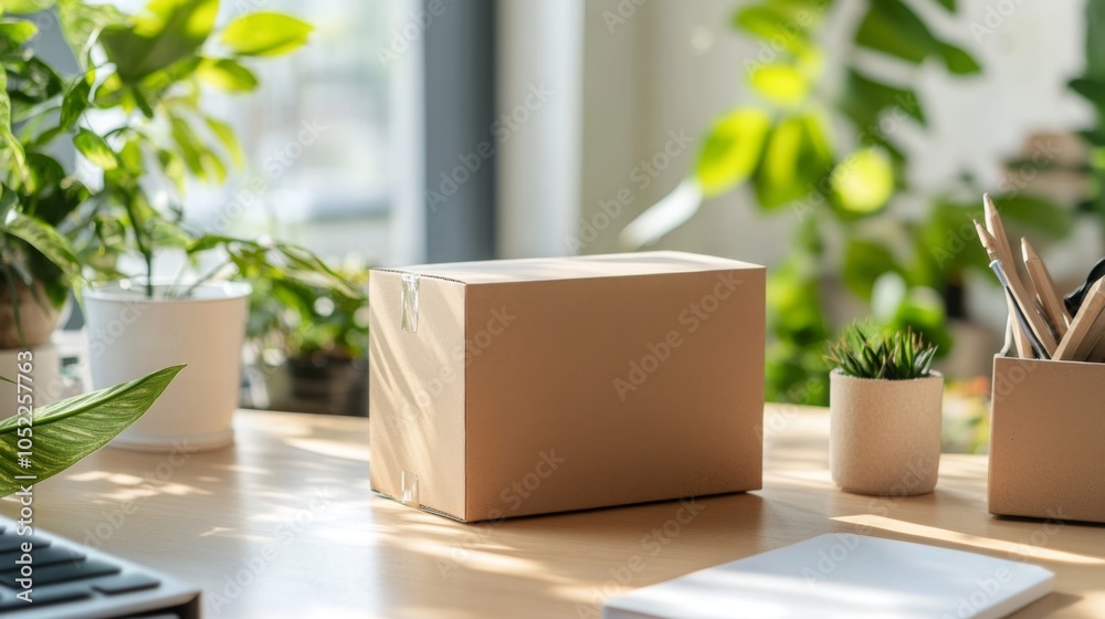 Poster a cardboard box sits on a wooden table near a window. there is a small potted plant on the table to 