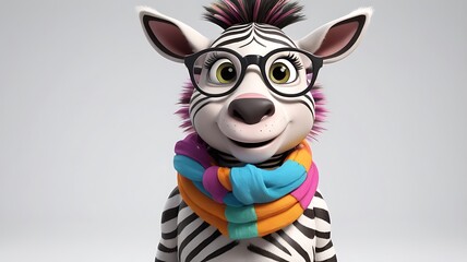 Naklejka premium A whimsical cartoon zebra wearing fun accessories like a colorful scarf and oversized glasses.