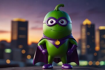 Dynamic cartoon eggplant superhero with a cape and mask, standing confidently in front of a glowing city skyline at dusk. Radiating strength and determination in a bold, heroic pose!