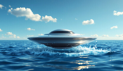 A sleek UFO hovers just above the ocean, creating splashes in the water under a clear blue sky, evoking a sense of wonder and mystery.


