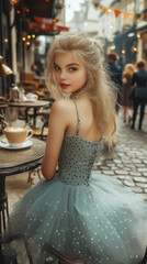 Naklejka premium Elegant young woman in a stylish polka dot dress enjoying coffee at a charming street cafe, perfect for wall art, decoration, or lifestyle advertisements.