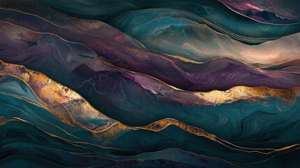 Dark abstract marble texture with rich teal and purple tones, accented with shimmering gold. Luxurious flowing waves and deep contrast.