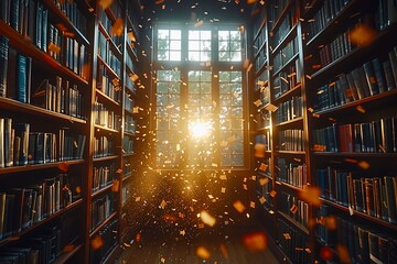 Sunlight streams through a large window in a library, illuminating bookshelves filled with books.  Golden particles float in the light.