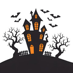 Spooky haunted house with flying bats and twisted trees on a hill, set against a transparent background