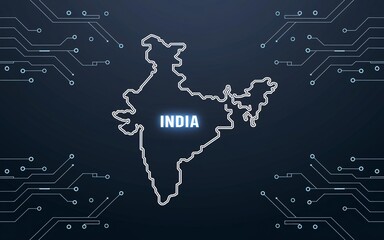 Outline map of India with 'India' text inside, surrounded by circuit board lines, on a dark blue background.