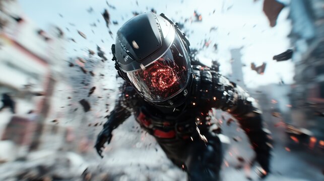 A man wearing a futuristic helmet and suit rushes through an explosion of debris, showcasing a dynamic and intense action scene in a modern urban environment.