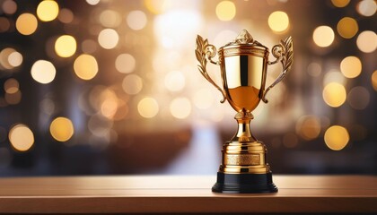 achievement success in education awards concept golden trophy cup winner on bokeh background congratulation in university