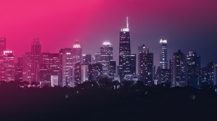 Obraz premium Cityscape night lights. Vibrant urban skyline at dusk, conveying a feeling of energy and progress.