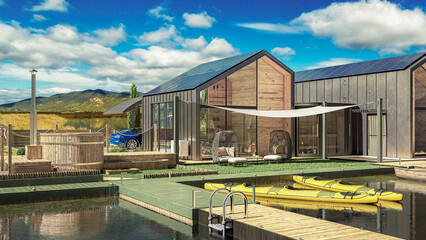 Luxurious holiday environment on a lake with solar energy supply - 3D visualization - 3D Visualization