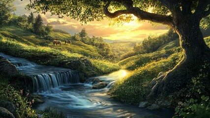 A tranquil waterfall cascades through a lush valley at sunset, with horses grazing in the distance