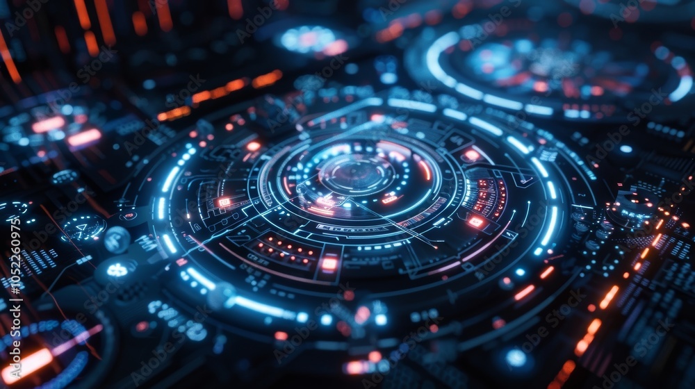 Poster glowing holographic circular interface displaying complex data analysis, representing future technol