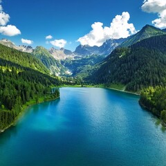 Fototapeta premium aerial forward over blue alpine lake revealing mountain forest valley in sunny summer with clouds europe alps outdoors green nature scape mountains wild establisher 4k drone flight establishing shot