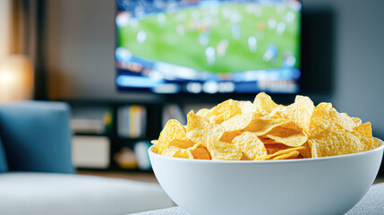 Enjoying game day snacks a bowl of crispy chips perfect for watching sports on tv