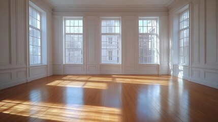 Obraz premium minimalist empty room with a white wall background, designed for product presentation, featuring soft natural light streaming through windows, creating a clean modern interior aesthetic