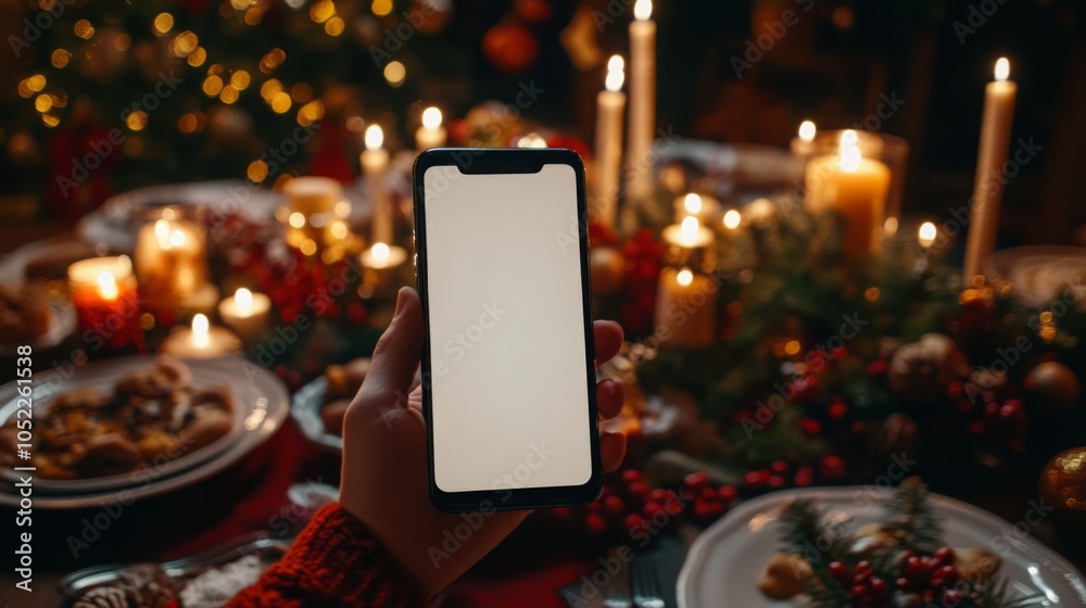 Poster a person's hand is holding a smartphone with a blank screen in front of a christmas dinner table. th