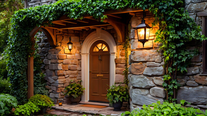Fototapeta premium Elegant Facade of a Stone House with Wooden Doors and Glass Insert: Cozy Entrance with Decorative Canopy, Warm Light Lanterns and Green Ivy Twists, Symbolizing Hospitality, Strength and Harmony