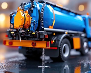 Fototapeta premium A vibrant blue and orange vacuum truck model with detailed features, capturing water droplets as it showcases its functionality in a realistic setting.