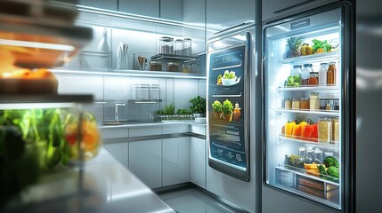A bright kitchen with a smart fridge that displays recipes based on its contents, reducing waste and enhancing convenience. Touch-sensitive walls allow for easy access to pantry inventories, 