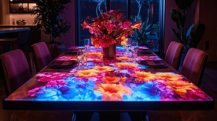 A dining room with a holographic table centerpiece that changes with the season, showcasing 3D virtual flowers or thematic visuals for each meal. Smart chairs provide comfort adjustments, blending 