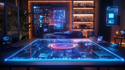 A futuristic home office with holographic desk projections, displaying calendars, tasks, and virtual sticky notes. Each desk item integrates with the room&rsquo;s voice-controlled assistant, creating 