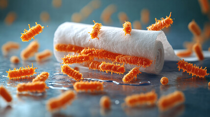 Conceptual representation of bacteria on a surface being neutralized by alcohol wipes, with bacteria cells fading away as the wipe passes