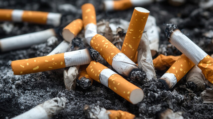 Pile of cigarette butts and ashes on a dark background, symbolizing pollution, addiction, and the harmful effects of smoking.