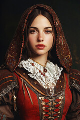 A young Tudor woman in a red and brown dress