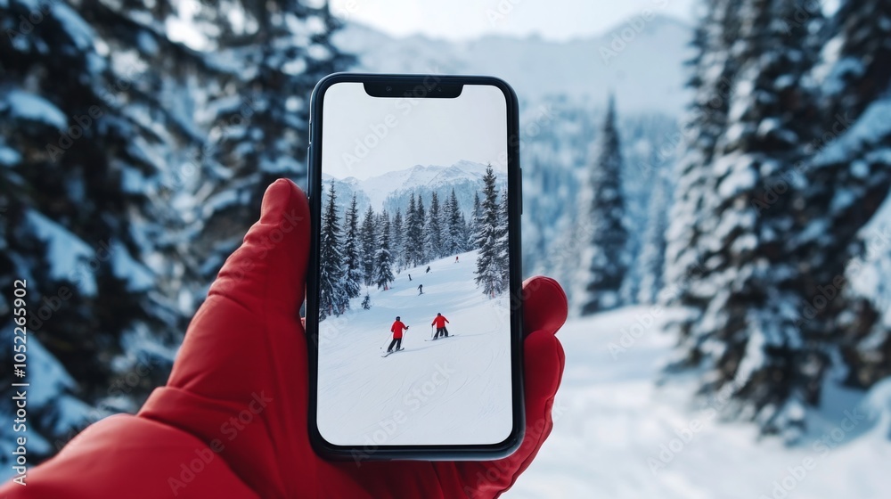 Poster a skier holds a smartphone showing a snowy landscape with fellow skiers in bright red outfits. surro