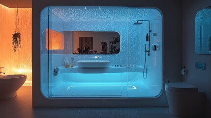 A modern bathroom with smart glass that transitions from transparent to opaque for privacy, complemented by a smart shower that remembers each user’s preferred settings 