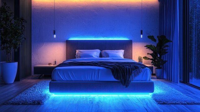 A serene bedroom with AI-optimized sleep tracking, automatically adjusting mattress firmness and room lighting based on sleep quality analysis. This room blends futuristic tech with ultimate 