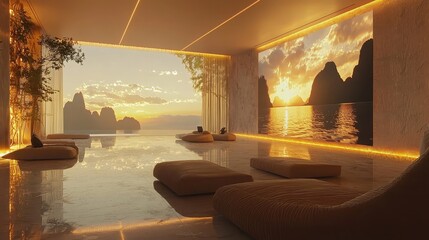 A sleek living room with a wall that doubles as a display screen, showing tranquil landscapes in high-definition for relaxation. Smart LED lighting gently adjusts based on the mood setting, 