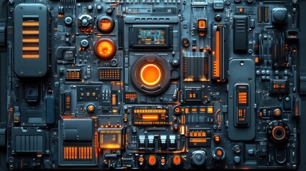Fototapeta premium Abstract technological panel with glowing elements and circuits.