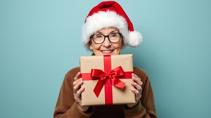 Smiling senior woman in Santa hat holds a beautifully wrapped Christmas gift, radiating festive joy and warmth.  Merry Christmas!