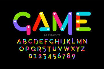 Constructor game. Colorful font, alphabet letters and numbers vector illustration