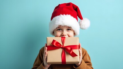 Smiling child in Santa hat hides behind a Christmas gift, pure joy and festive cheer radiate!