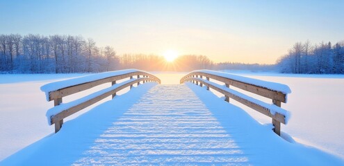 Wooden bridge covered in snow at sunrise over frozen lake.