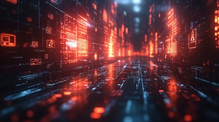 Futuristic digital corridor with glowing data elements.