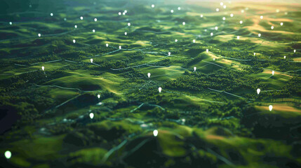 Aerial View of Green Landscape with GPS Location Markers