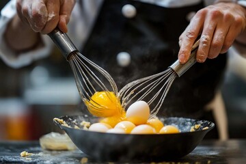A chef skillfully whisking fresh eggs in a vibrant kitchen, creating a delicious culinary delight during a busy afternoon. Generative AI