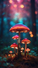 Fototapeta premium Enchanted forest backdrop showcasing vibrant mushrooms under soft, colorful lighting during twilight hours