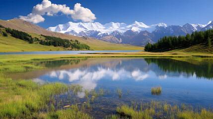 Fototapeta premium Crystal-clear lake mirroring snow-capped mountains under a vibrant autumn sky