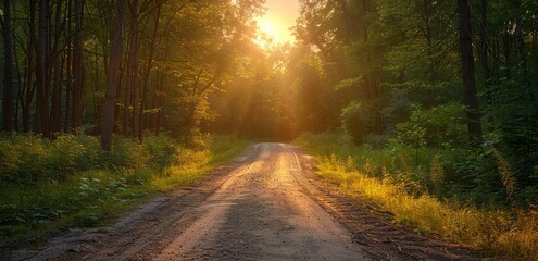 Sunlit forest pathway surrounded by lush greenery at sunset.