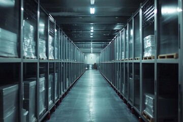 Obraz premium A dimly lit warehouse aisle showcasing organized shelves filled with stacked packages during a quiet evening shift. Generative AI