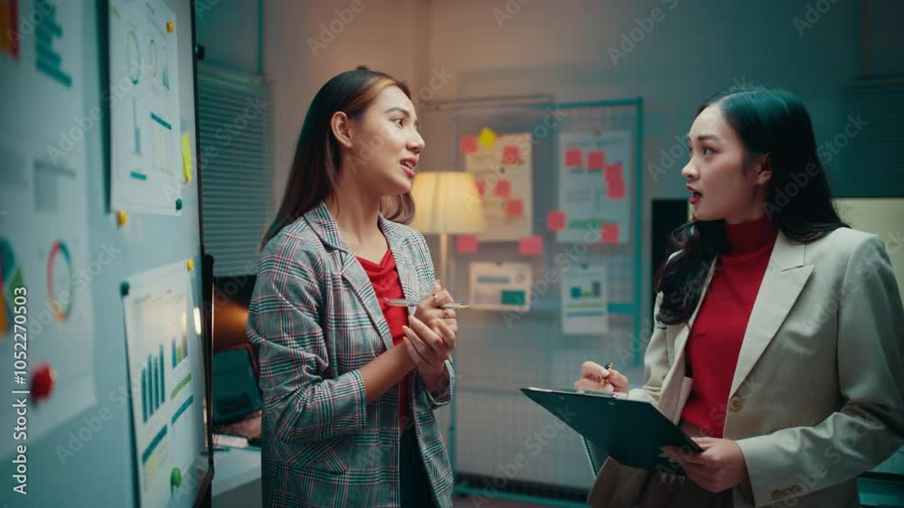 Aufkleber two businesswomen are having a discussion about a marketing strategy. one is explaining something us