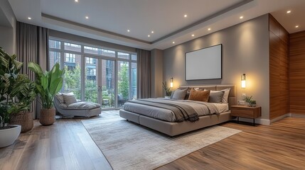 modern bedroom interior showcasing a stylish design with a blank poster on the wall, inviting creative personalization in a cozy and contemporary living space