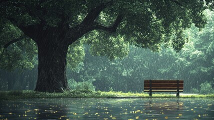 Obraz premium A serene park scene with a tree and bench in the rain.